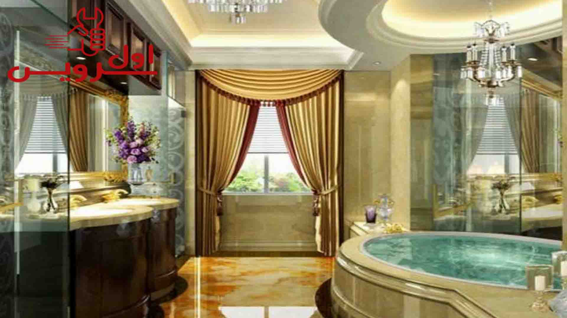 A bathroom with a jacuzzi tub and a large windowAI-generated content may be incorrect.